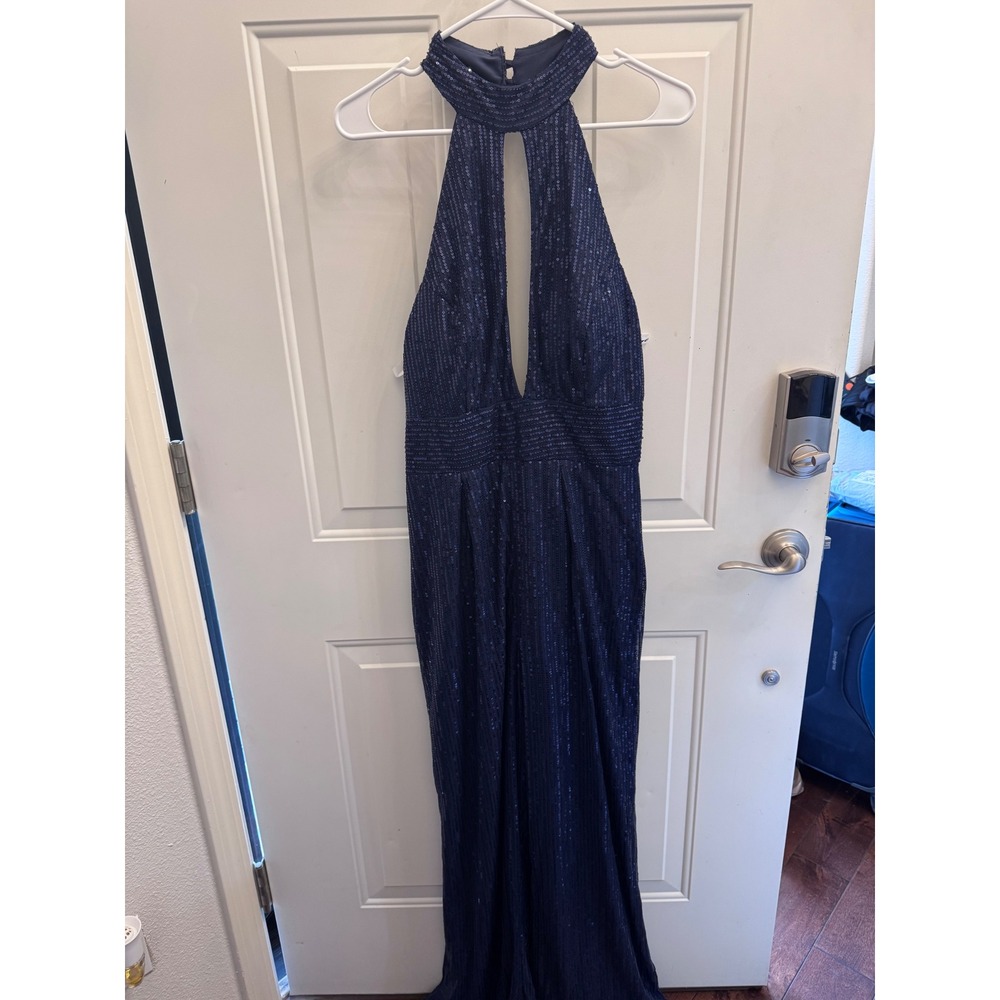Ryanth Navy Blue Sequin Halter Jumpsuit Wide Leg Keyhole Formal Size 6 NWT